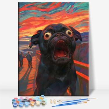 Imagem de HUINORYA Tela emoldurada Pug The Scream Pug Dog Kit DIY Paint by Numbers Bar Cafe Cave Home Room Wall Bathroom Varanda Patio Decor Presente, 40,6 x 30,5 cm