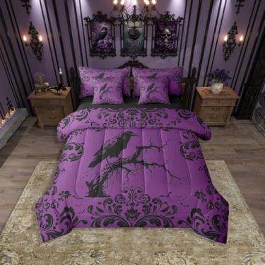 Imagem de Erosebridal Conjunto de edredom Queen gótico roxo e preto, 7 peças, boêmio, barroco, damasco, corvo, corvo e corvo, boêmio, exótico, floral, em uma bolsa com lençóis, conjunto de cama de Halloween