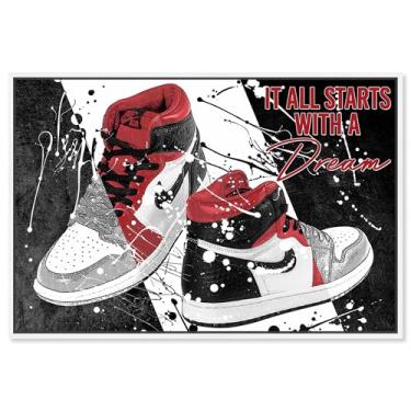 Imagem de Tênis de sonho estilo preto e vermelho brilhante arte de parede em tela por Notoriart, moldura flutuante branca, 76 cm x 50 cm