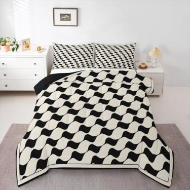 Imagem de Erosebridal Conjunto de edredom King xadrez preto bege triângulo xadrez para crianças, meninos, geométrico, quadriculado, colcha de búfalo, simples, moderno, conjunto de cama para quarto de