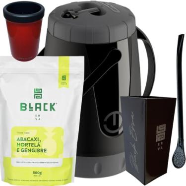 Imagem de Kit Para Tereré Garrafa Lisa Black Erva Mate 500g Copo Cuia Quadrado Acrílico Bomba Clássica Preta (ABACAXI H G)