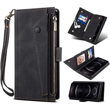 Imagem de GANYUU para Apple iPhone 14 Plus (2022) 6,7 polegadas capa fólio carteira com zíper, função stend capa de telefone de imitação de couro [porta-cartão] (cor: preto)