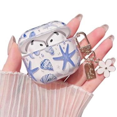 Imagem de MINSCOSE Capa transparente compatível com AirPods 4, linda estampa de concha e estrela do mar com chaveiro, capa protetora de TPU macio à prova de choque para AirPods 4 para mulheres e meninas - azul
