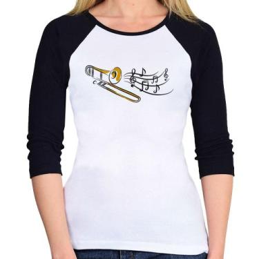 Imagem de Baby Look Raglan Trombone Notas Musicais Manga 3/4 - Foca na Moda, Bra
