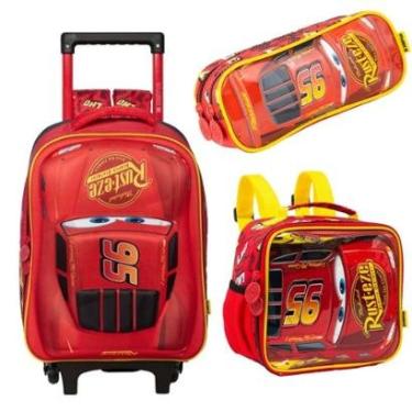 Imagem de Kit Mochila de carrinho Escolar Com Rodinhas Carros McQueen 3D-Unissex