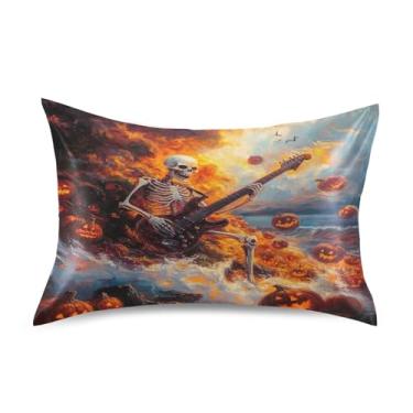 Imagem de Wassud Fronha de cetim esqueleto de guitarra de Halloween para cabelo e pele fronhas de seda lisa king size respiráveis com fecho de envelope