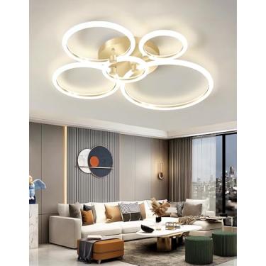 Imagem de Luminária de teto LED moderna com design de anéis, dimerizável e com controle remoto. Ideal para sala de estar, quarto, sala de jantar e escritório. Luminária de acrílico embutida para sala