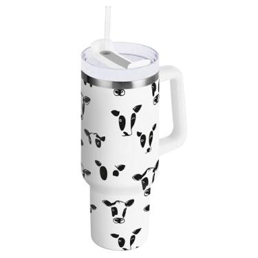 Imagem de SEHANY Copo preto e branco com estampa de vaca de 850 g com alça, copo isolado de aço inoxidável a vácuo de parede dupla, à prova de vazamento, caneca de café isolada para viagem cabe no suporte de