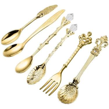Imagem de 6 peças Vintage Palace Leaf Crystal Spoon Gold Finish Elegant Coffee Dessert Jam Ice Cream Tableware Opção de Presente