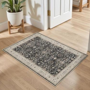 Imagem de Tapete de área para sala de estar - Tapete grande desgastado floral vintage oriental lavável macio - Tapetes antiderrapantes resistentes a manchas ao desbotamento para quarto, sala de jantar, berçário