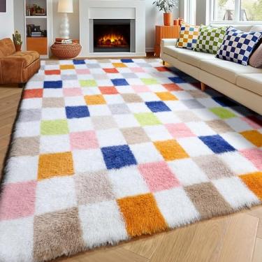 Imagem de KICMOR Tapetes grandes de 15 x 23 cm para sala de estar, tapete felpudo macio e colorido para quarto, tapete felpudo de pelúcia arco-íris para adolescentes, crianças, meninos, meninas, dormitório