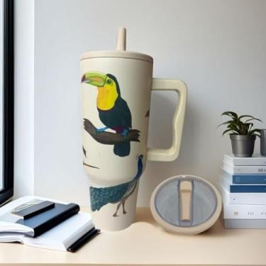 Imagem de Copo Térmico Birds 1200ml | Com 5 Estampas, Canudo e Alça – Garrafa Térmica para Academia e(BEGE,49)