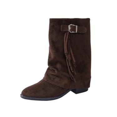 Imagem de Botas curtas femininas de inverno com borla, cor sólida, salto fino, cano médio, camurça casual, Café, 36