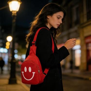 Imagem de Mini sacola vermelha, bolsa de mão fofa e divertida com estampa sorridente, bolsa de ombro elegante e brilhante para mulheres, viagens, férias, fim de semana, passeios diários