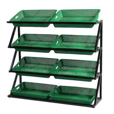 Imagem de Rack comercial de exibição de vegetais e frutas - Organizador de cesta de varejo de 109 cm de altura para lanches, batatas, cebolas e produtos - Solução de armazenamento de loja de conveniência verde