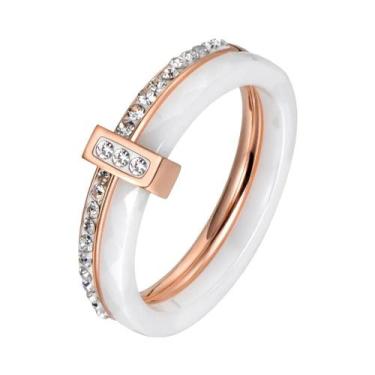 Imagem de Anel De Noivado Em Cristal Cerâmico Preto E Branco Com Ouro Rosa E Aço