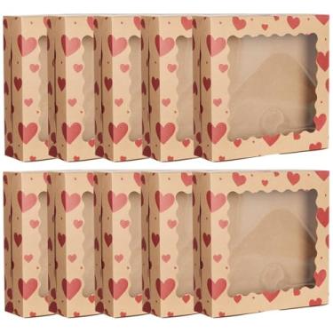 Imagem de FoldTier 48 caixas de biscoito kraft dia dos namorados com janela a granel 22 x 23 x 6 cm caixas de presente de padaria coração vermelho para presente de festa dos namorados