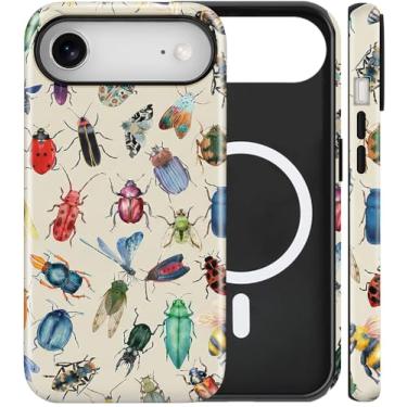 Imagem de flewfun Capa magnética para iPhone 17 Air, capa de telefone com besouro fofo, arte de insetos, à prova de choque, fina, TPU e policarbonato rígido, capa protetora para celular compatível com MagSafe