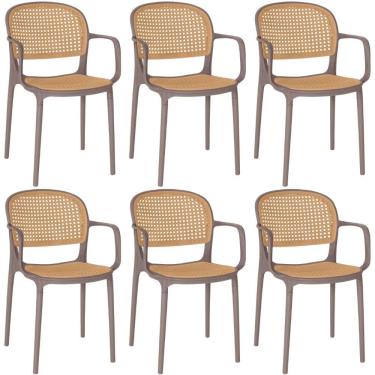 Imagem de Kit 6 Cadeiras De Jantar Roma Prática Com Braços Para Sala E Cozinha - Marrom Claro