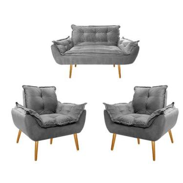 Imagem de Kit Namoradeira e 02 Poltronas Opala Palito Mel Suede Cinza - Doce Son