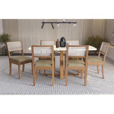 Imagem de Sala Jantar Mesa Elma Premium Madeira Maciça c/ Tampo Madeirado c/ Vidro 170x90cm e 6 Cadeiras Lola Carvalho/Off White - Boucle Bege Fendi-Kappesberg