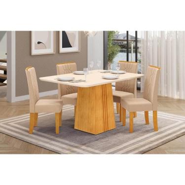 Imagem de Conjunto: Mesa Sala Jantar Italia c/ Tampo Madeirado c/ Vidro 120x90cm e 4 Cadeiras Zoe Cedro/Off White - Suede Creme - DJ Móveis