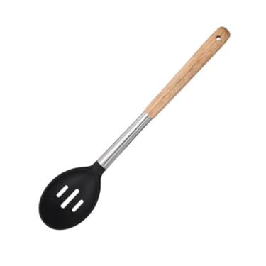 Imagem de Kit 3 Peças Utensílios de Cozinha, Silicone Preto, Cabo de Madeira, Colher, Espátula, Escumadeira (PRETO)