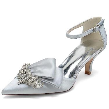 Imagem de Sapatos femininos de salto gatinho bico fechado stilettos cristal casamento sapatos tiras tornozelo formatura noite festa sapato vestido sapatos, Prata, 36