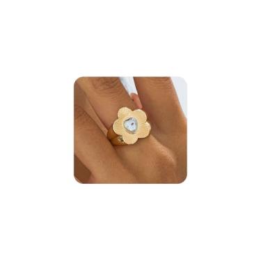 Imagem de Navirix Anel de dedo delicado de flor dourada para mulheres, exclusivo, pequeno, grosso, floral, brilhante, strass, presente de festa de aniversário, formatura, joias, Metal, Sem pedra preciosa