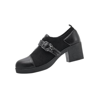 Imagem de Sapatos Mary Jane para mulheres, mocassins femininos de retalhos, bico redondo, bico fechado, salto médio com estilo britânico, Preto, 35