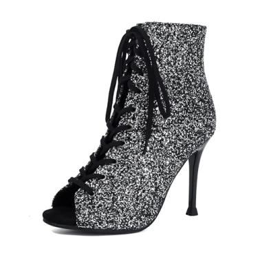 Imagem de PIVAPAM Sandálias femininas de salto alto de dança Peep Toe douradas prateadas com salto brilhante com cadarço sexy preto stiletto sapatos de festa, Prata, 35