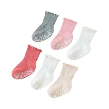 Imagem de Meias De Algodão Para Meninas, 6 Pares, Renda, Gel Antiderrapante, Des