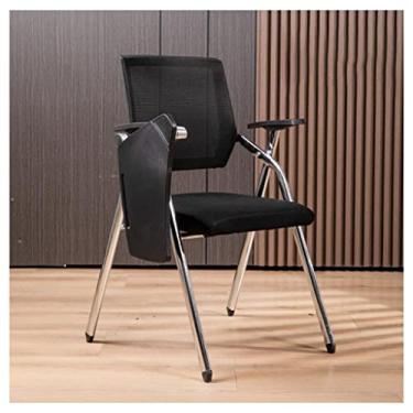 Imagem de Cadeira de escritório de malha com suporte lombar - Cadeira de mesa dobrável com braço para tablet, suporte para copos, encosto de armação de metal. Cadeira de estudante com mesa anexa para computador