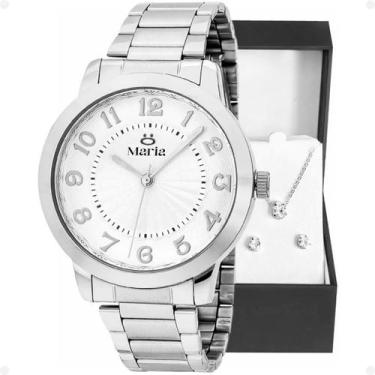 Imagem de relogio feminino prata + colar strass + brincos + caixa ajustavel casu