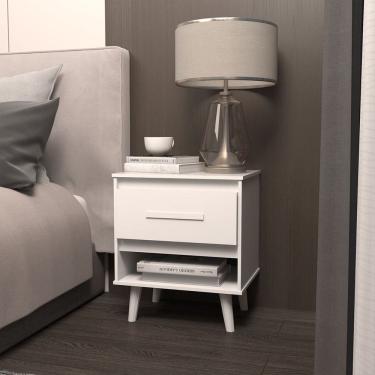 Imagem de Mesa de Cabeceira 1 Gaveta com Nicho e Pés Retro Estilo Moderno para Quarto Branco Mobília Decor
