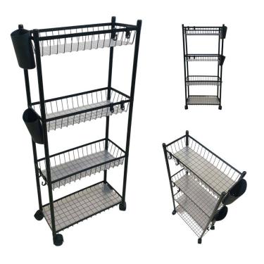 Imagem de Carrinho Organizador 4 Prateleira Multiuso Cozinha Tempero Mantimentos Lavanderia Banheiro Higiene Ganchos E Escorredor