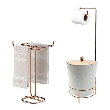 Imagem de Kit Porta Toalha Bancada Suporte Papel Higiênico Com Lixeira 5L Tampa 