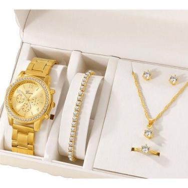 Imagem de Relógio Feminino Original Dourado Luxo + Kit  5 Acessórios - Vallen Ac