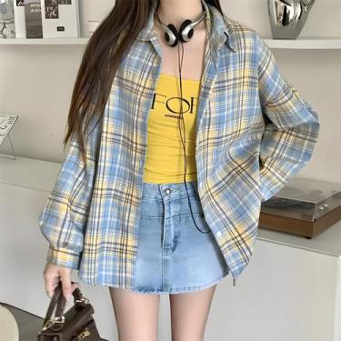 Imagem de Camisa De Flanela Oversized Com Estampa Xadrez Tartan Para Mulheres, M