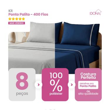 Imagem de Kit 2 Jogos de Lençol Casal/King 4 Peças 400 Fios Ponto Palito Toque Macio Premium Casa Dona