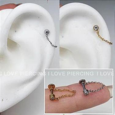 Imagem de Labret em aço cirúrgico com ponto de luz e correntinha - 1,2mm - no-br