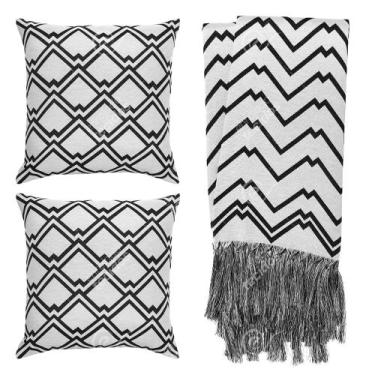 Imagem de Kit 1 manta Rústica e 2 Capas de Almofada para Sofá Geométrico Preto e