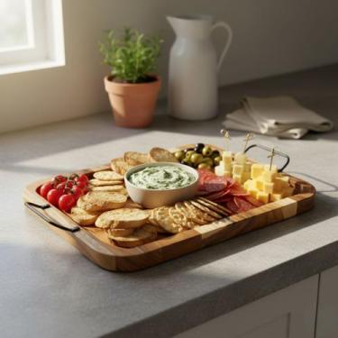 Imagem de Bandeja Retangular para Petiscos de Madeira Teca com Alça para Servir 