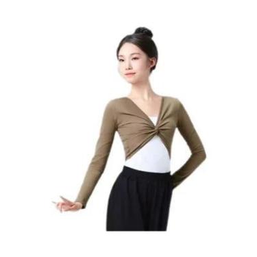 Imagem de Camisa De Dança De Manga Longa Para Mulheres, Top Cropped De Algodão, 