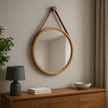 Imagem de Espelho Decorativo Moldura Madeira Redondo 45cm Moldura em Madeira para Quarto Amadeira...