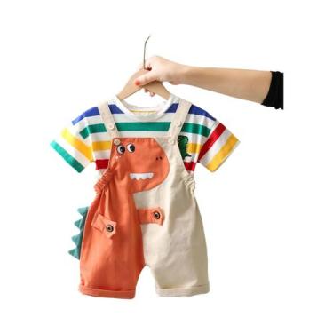 Imagem de Conjunto De Verão Para Meninos Com Macacão Listrado Colorido De Algodã