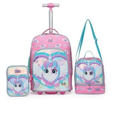 Imagem de Kit Mochila Rodinhas Lancheira Estojo Reforçada Unicornio-Feminino