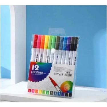 Imagem de Canetinha 12 Cores Brush Pen Duas Pontas Pincel Fina Escolar - Touch