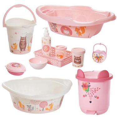 Imagem de Kit banheira de bebê plasutil 7 peças + kit higiene urso + bacia + lix