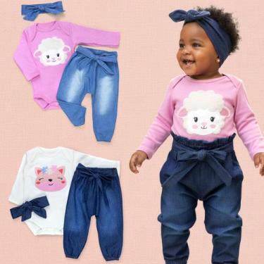 Imagem de Conjunto Para Bebê Body E Calça Jeans Bordado 3d Raposa Cor:RosaEscuro